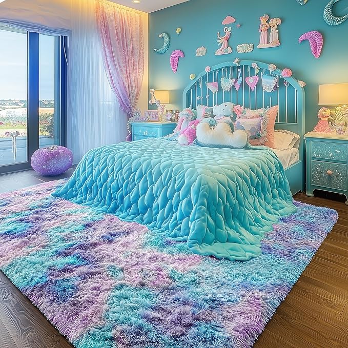 PAGISOFE 9x12 Rainbow Large Area Rug for Bedroom Girls, Cute Kawaii Purple Rainbow Princess Rugs for Kids Room Playroom Nursery Classroom, Plush Mermaid Rug,Clorful Room Decor for Teenage Pastel Rugs
