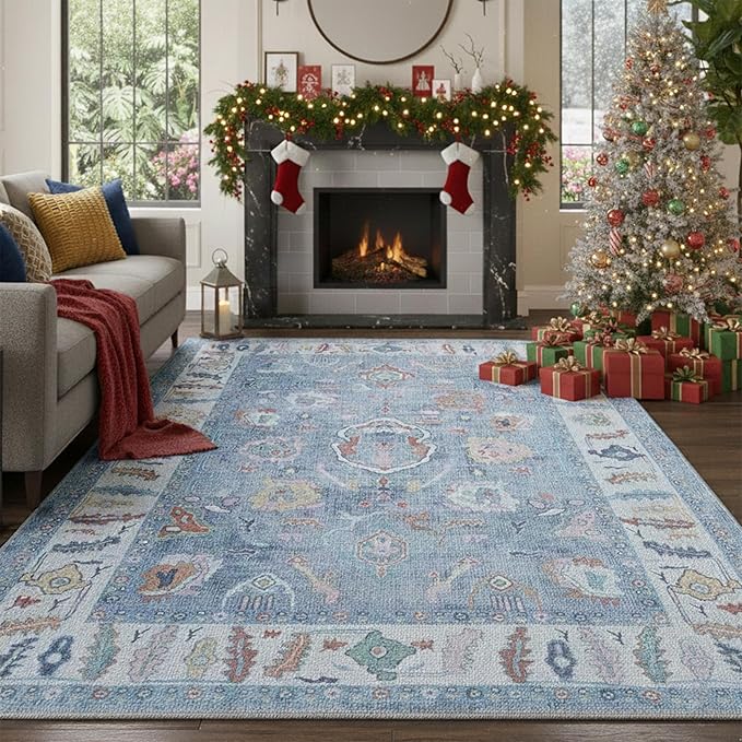 Fame Rugs Blue Modern Oushak Rug 9x12, Vintage Turkish Colorful Oriental Washable Antique Inspired Oversize Area Rugs, Luxury Living Room Bedroom (381LB, 9' x 12)