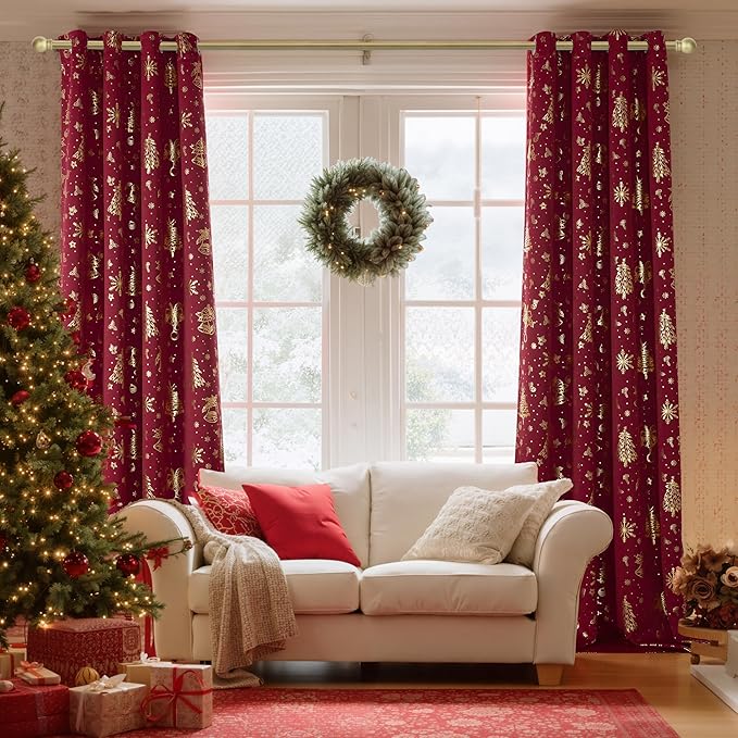 NICETOWN 2 Panels Christmas Curtains W52 x L84 in, Gold Foil Christmas Tree Printed Thermal Insulated Curtains, Xmas Theme Holiday Decor for Bedroom Living Room, Xmas Gifts Drapes, Burgundy Red