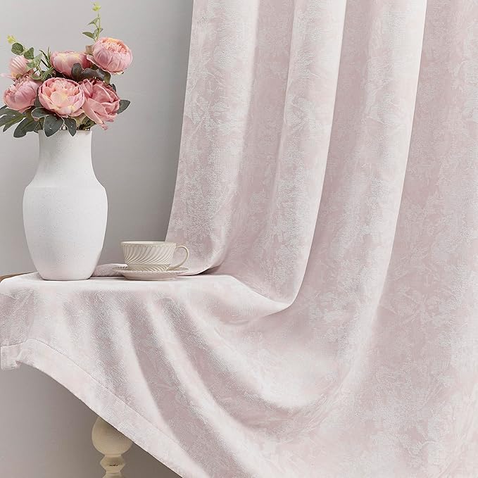 Beauoop Pink Floral Jacquard Blackout Curtains 63 Inches Long 2 Panels for Girls Bedroom Living Room Chenille Flower Room Darkening Thermal Soundproof Rod Pocket Back Tab Window Drapes, 52x63