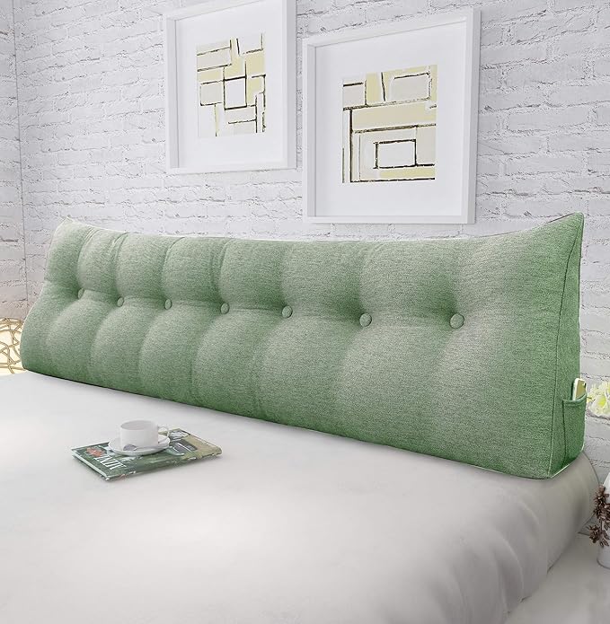 homecozy Wedge Headboard Pillow Dorm Room Reading Pillow Back Support for Sitting Up in Bed Bolster Lumbar Cushion Body Positioning Bedrest Cotton Linen 76in Grass Green King