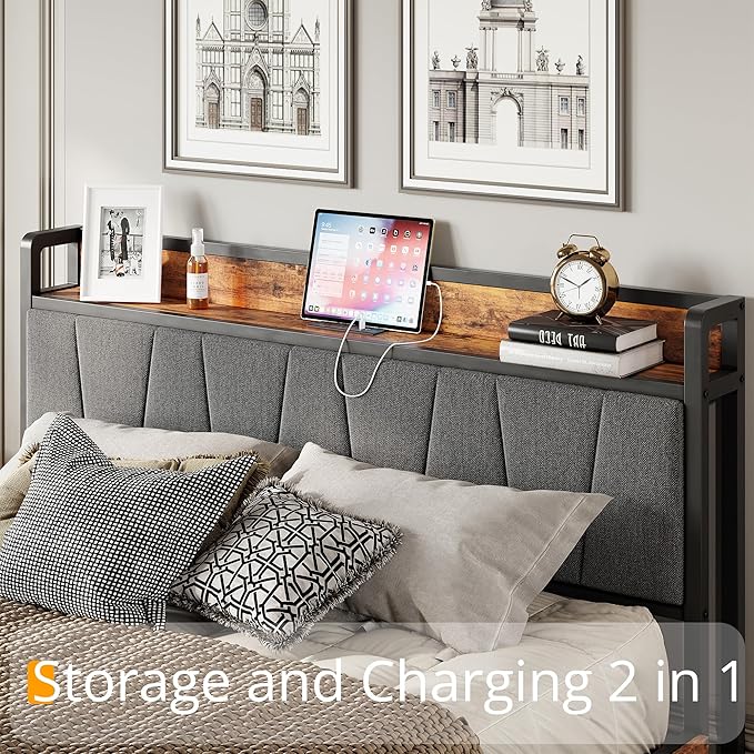 LIKIMIO King Bed Frame with 4 Storage Drawers, Platform Bed with Charged Headboard, Sturdy and Stable, No Noise, No Box Spring Needed, Easy to Install, Vintage Brown and Gray