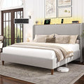 LARMACE King Size Bed Frame with LED Lights and Charging Station Linen Upholstered Platform Bed Frame with 51.2" Tall Wingback Headboard and Storage Shelf, No Box Spring Needed, Easy Assembly, Grey