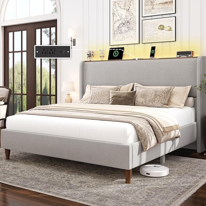 LARMACE King Size Bed Frame with LED Lights and Charging Station Linen Upholstered Platform Bed Frame with 51.2" Tall Wingback Headboard and Storage Shelf, No Box Spring Needed, Easy Assembly, Grey