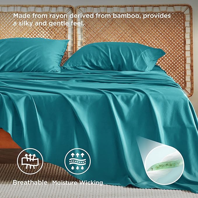 Bedsure Full Size Bed Sheets, Cooling Sheets, Rayon Derived from Bamboo, Breathable & Soft, Deep Pocket Up to 16 Inches, Hotel Luxury Silky Bedding for Hot Sleepers, Turquoise