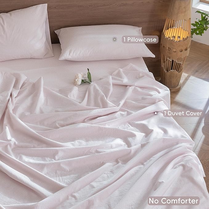 MooMee Striped Duvet Cover Set 100% Washed Cotton Linen Like Textured Breathable Durable Soft Comfy (Heathered Greyish Pink Pinstripes, Twin 68"x90")