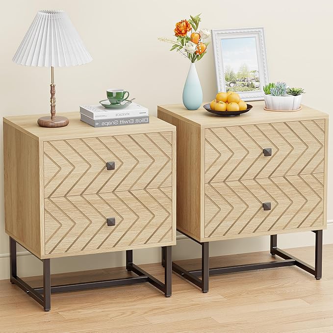 Modern Nightstand Set of 2,Morden Night Stand with 2 Drawers,End Tables with Storage,Bedside Tables for Bedroom,Oak