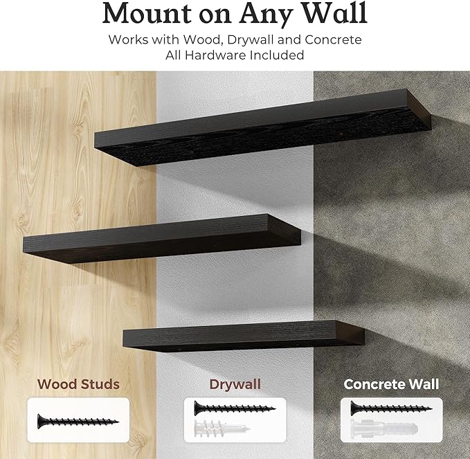 Floating Shelves for Wall, 9.3" Deep Wall Mounted Wood Shelves for Bathroom, Bedroom, Living Room, Kitchen, Hanging Shelf for Books/Storage/Room Decor (Black, 30")