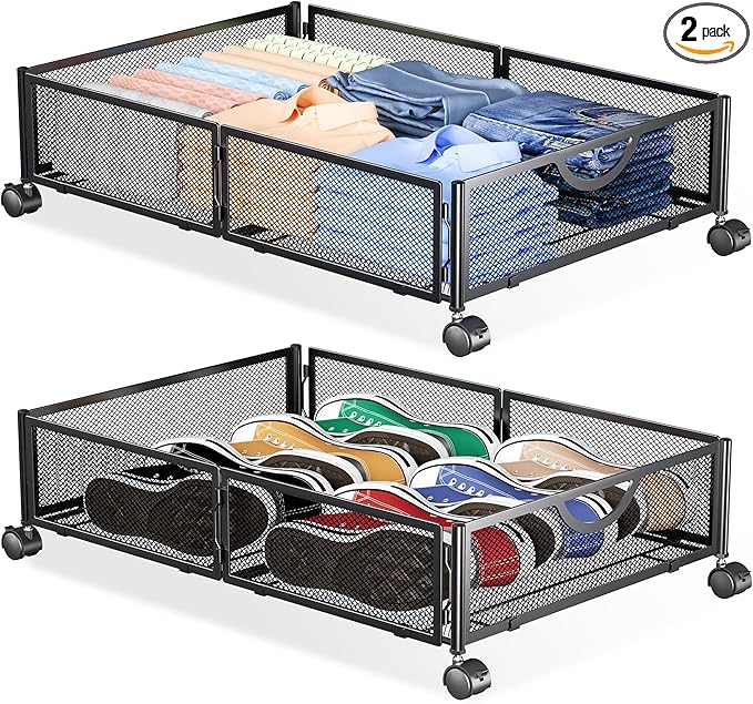 Yecaye Under Bed Storage with Wheels, 2 Pack Under Bed Shoe Storage Organizer Drawer, Tool-free Assembly Metal Underbed Storage Containers for Clothes, Shoes, Black