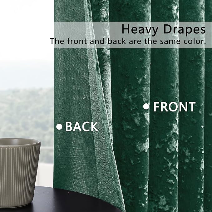 SMILETIME Forest Green Crushed Velvet Curtains 52x84inch Rod Pocket Luxurious Thermal Insulated Soundproof Drapes Soft and Durable Light-Filtering Window Treatments for Living Room Bedroom, 2 Panels