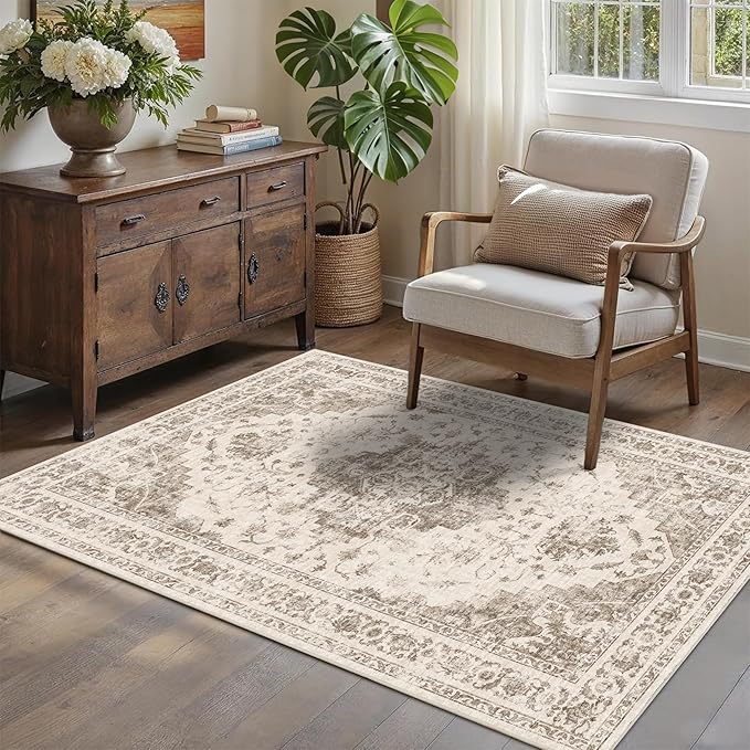3x5 Vintage Washable Area Rugs Boho Medallion Large Distressed Retro Accent Carpet Floral Non-Slip Soft Low Pile Indoor Throw Rug for Living Room Bedroom Dining Room Office Kitchen, Taupe