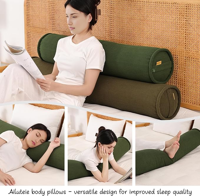 Body Pillow for Adults – Corduroy Long Round Bolster Pillow for Bed, Cuddle Pillow with Full Support for Side Sleepers & Restful Sleep,39 x 7.87 Inches,Avocado Green