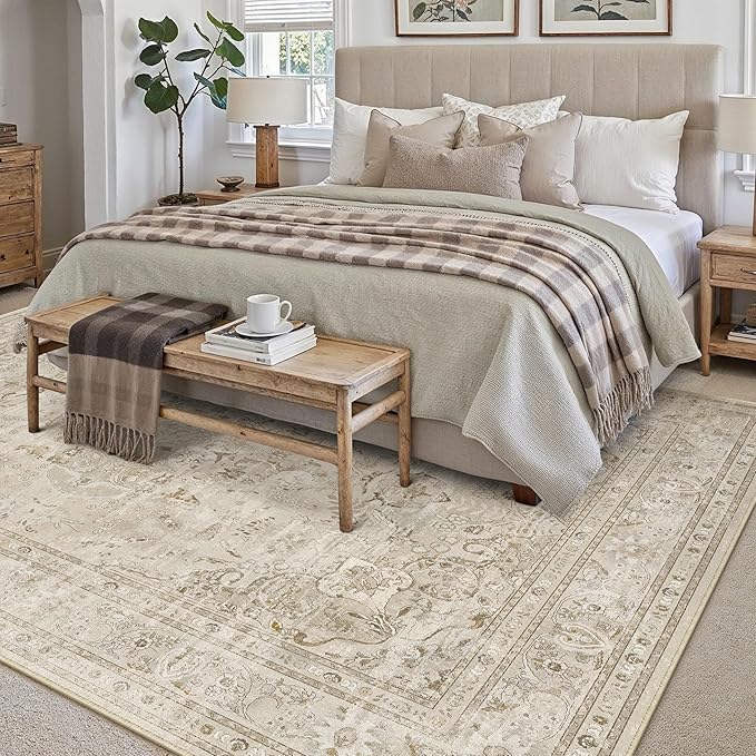 Brown 5x7 Area Rug Washable Vintage Carpet for Living Room Office Soft Retro Floral Low Pile Thin Indoor Rug Non Slip Central Medallion Floor Cover for Bedroom Dining Room