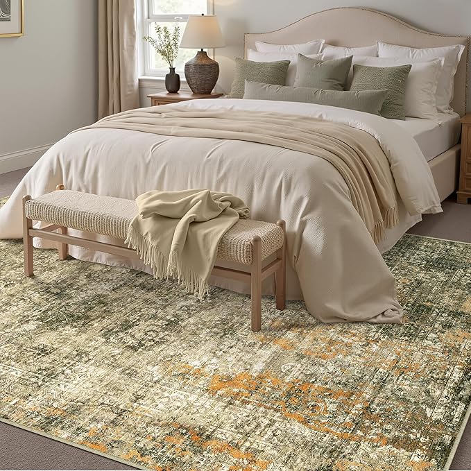 Area Rug 6x9 Brown Washable Non-Slip Lightweight Floral Vintage Distress Print Rug for Living Room Low Pile Soft Throw Indoor Carpet for Office College Dorm Laundry Dining Room Bedroom