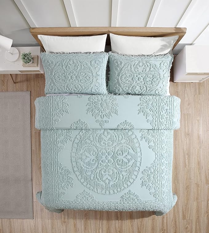 Beatrice Home Fashions Medallion Chenille Bedspread, Standard Sham, Blue