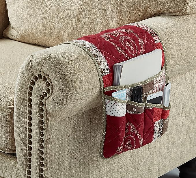 Brilliant Sunshine Burgundy Floral Patchwork Couch Armrest 5 Pockets Organizer, Slip Resistant Armchair Caddy, Washable Remote Controls Holder, Storage for Magazine, Tablet, iPad, 35×13", Burgundy