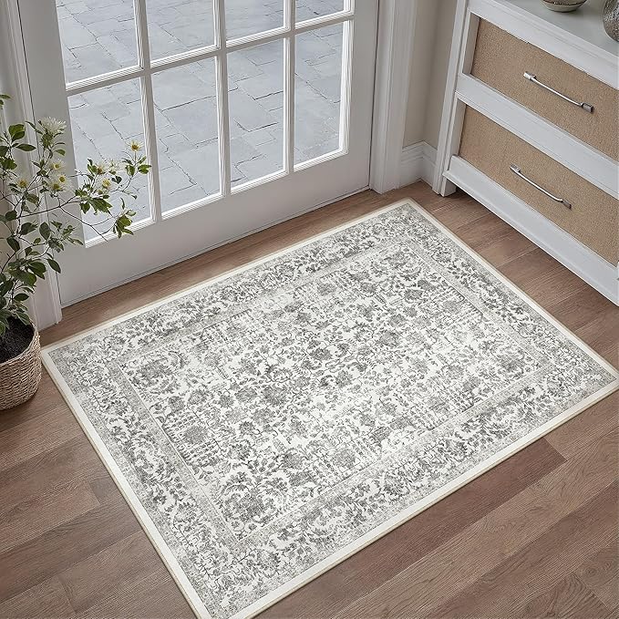 Black Entryway Area Rug 2x3 Door Mat Machine Washable Kitchen Vintage Distressed Non Slip Carpet Indoor Retro Floral Accent Throw Small Rug for Bathroom Office Bedroom Dining Room
