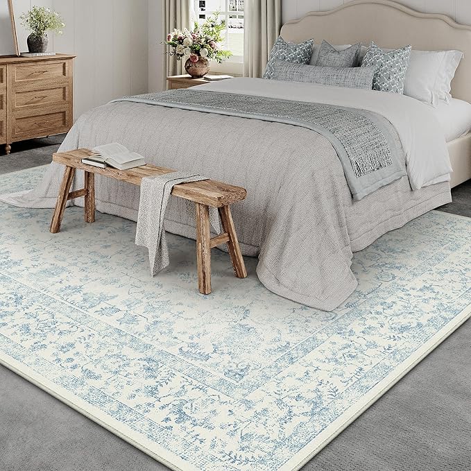8x10 Blue Area Rug Non Slip Large Vintage Living Room Distressed Machine Washable Carpet Traditional Indoor Bedroom Blue Retro Floral Accent Throw Rug for Office Kitchen Dorm Dining Room
