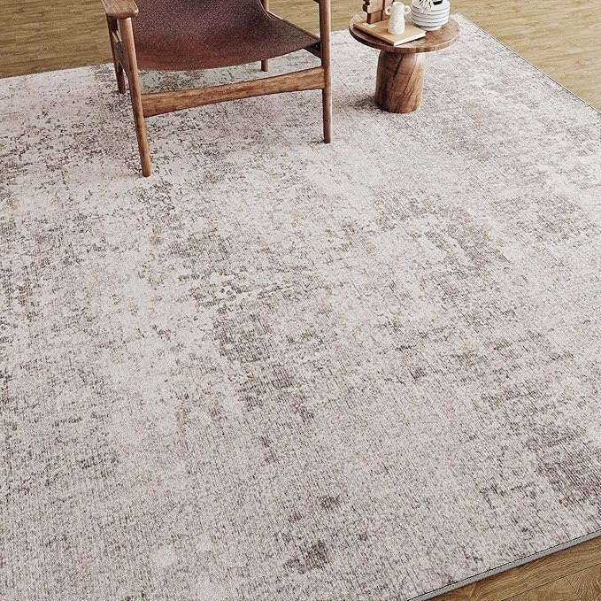 Washable Beige Area Rug 5x7 Modern Abstract Living Room Carpet Neutral Soft Bedroom Throw Rug Low Pile Non Slip Floor Cover for Office Laundry Dining Room Kitchen Bathroom