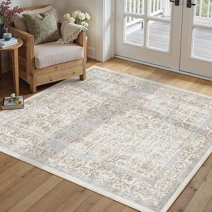 Taupe Area Rug 3x4 Office Entryway Rug Machine Washable Kitchen Vintage Distressed Non Slip Carpet Indoor Retro Floral Accent Throw Door Mat for Bathroom Bedroom Dining Living Room