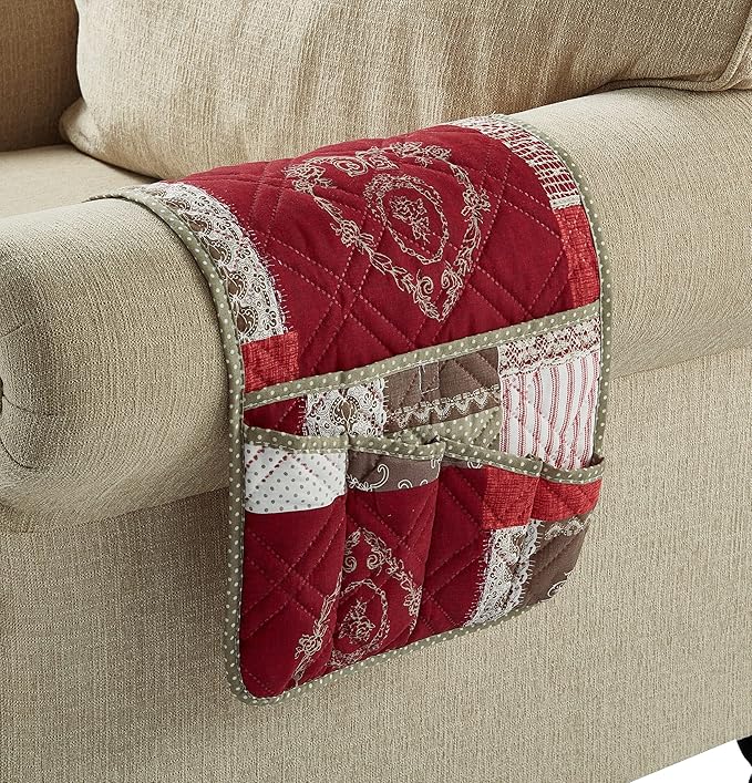Brilliant Sunshine Burgundy Floral Patchwork Couch Armrest 5 Pockets Organizer, Slip Resistant Armchair Caddy, Washable Remote Controls Holder, Storage for Magazine, Tablet, iPad, 35×13", Burgundy