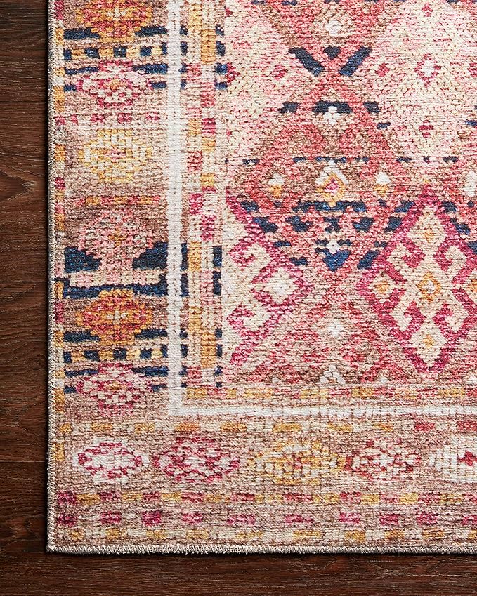 Loloi Layla Collection LAY-15 Magenta/Multi 7'-6" x 9'-6" .13" Thick Area Rug, Soft, Durable, Vintage Inspired, Distressed, Low Pile, Non-Shedding, Easy Clean, Printed, Living Room Rug