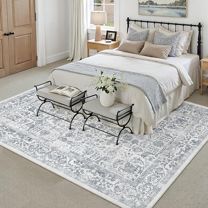 Navy Blue Area Rug 9x12 Machine Washable Large Vintage Living Room Distressed Non Slip Carpet Traditional Indoor Bedroom Retro Floral Accent Throw Rug for Office Kitchen Dining Room