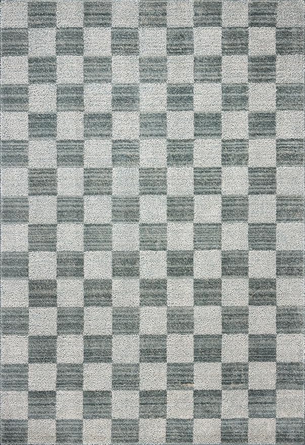 Loloi Chris Loves Julia Calvin Collection CLV-01 Blue/Ivory 2'-3" x 3'-10" Accent Rug Checkered Neutral Soft Living Room Bedroom Carpet