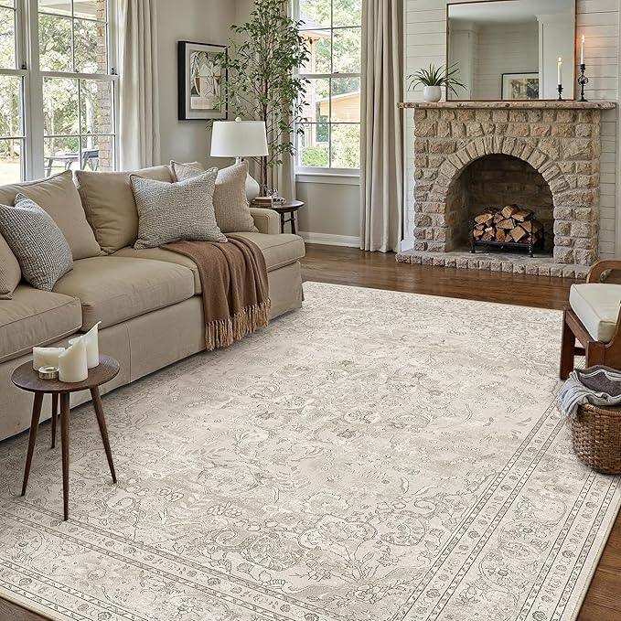 Beige 8x10 Area Rug Washable Vintage Carpet for Living Room Bedroom Large Soft Retro Floral Low Pile Thin Indoor Rug Non Slip Central Medallion Floor Cover for Dining Room Office
