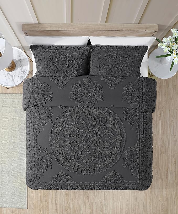 Beatrice Home Fashions Medallion Chenille Bedspread, King Sham, Charcoal