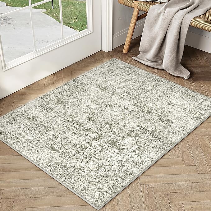 2x3 Entryway Area Rug Vintage Neutral Washable Small Carpet Indoor Non Slip Taupe Kitchen Entrance Mat Low Pile Retro Accent Distressed Throw Rug for Bathroom Bedroom Dining Living Room