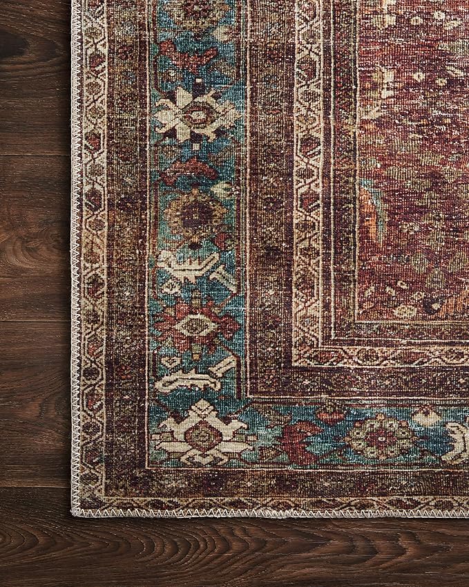 Loloi Layla Collection LAY-01 Brick/Blue 9'-0" x 12'-0" .13" Thick Area Rug, Soft, Durable, Vintage Inspired, Distressed, Low Pile, Non-Shedding, Easy Clean, Printed, Living Room Rug