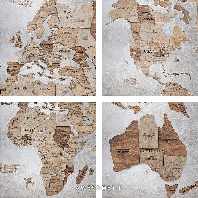 Handmade 3D Wood World Map Wall Art Large Wall Decor Track Your World Travels - Special for Home, Kitchen and Office (Medium, Terra)