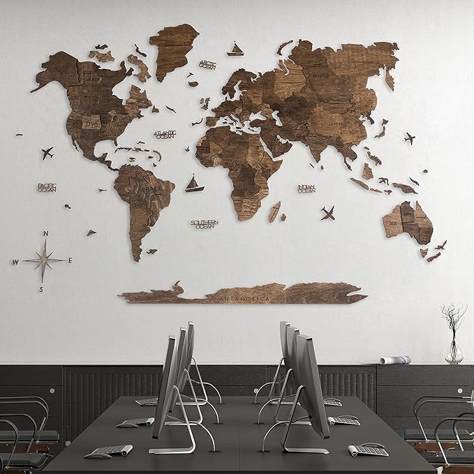 Handmade 3D Wood World Map Wall Art Large Wall Decor Track Your World Travels - Special for Home, Kitchen and Office (X-Large, Walnut)