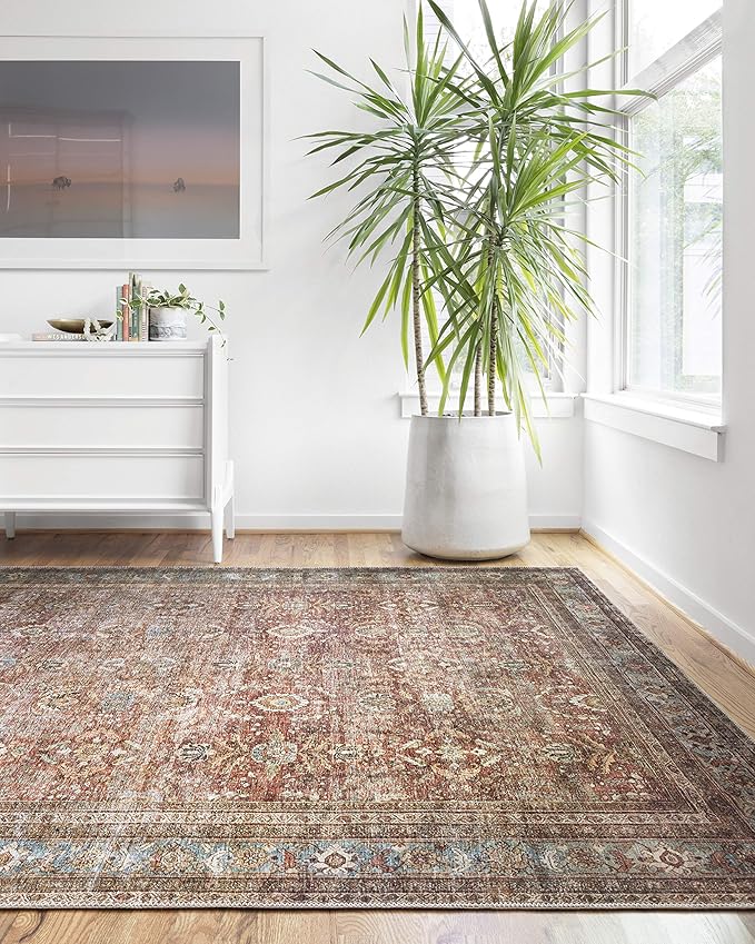 Loloi Layla Collection LAY-01 Brick/Blue 5'-0" x 7'-6" .13" Thick Area Rug, Soft, Durable, Vintage Inspired, Distressed, Low Pile, Non-Shedding, Easy Clean, Printed, Living Room Rug