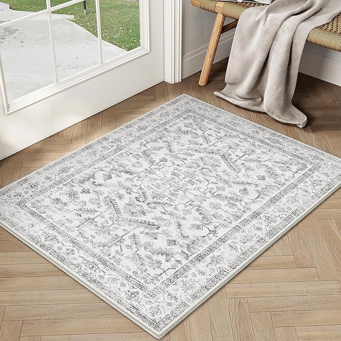 Grey 2x3 Entryway Rug Vintage Area Carpet Indoor Kitchen Washable Door Mat Entrance Small Low Pile Traditional Distressed Retro Accent Throw Rug Non Slip Office Bathroom
