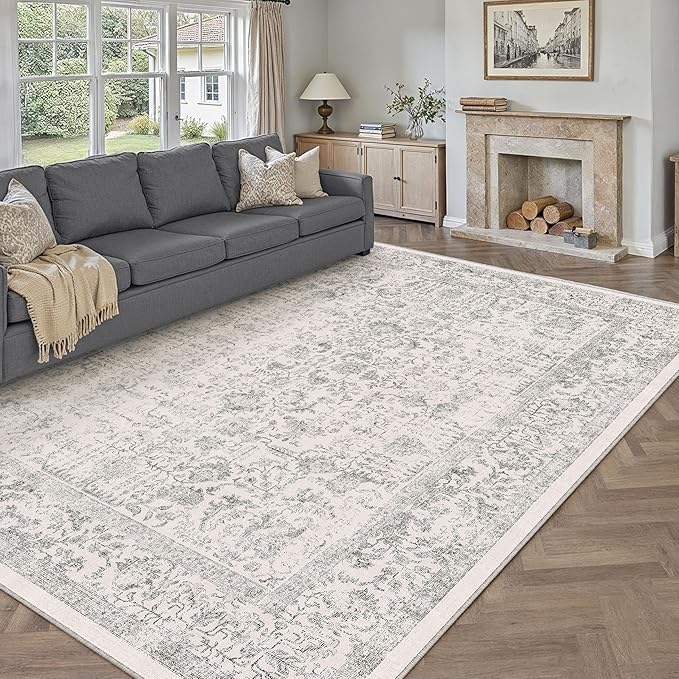 Gray Area Rug 10x12 Machine Washable Large Vintage Living Room Distressed Non Slip Carpet Traditional Indoor Bedroom Grey Retro Floral Accent Throw Rug for Office Kitchen Dining Room