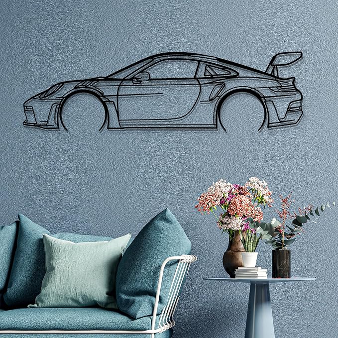 Dekory Car Wall Art – 911 GT3 RS (992) Black Metal Sports Car Silhouette, Modern Industrial Automotive Wall Decor for Garage, Living Room or Bedroom – 16 Inch (XS)