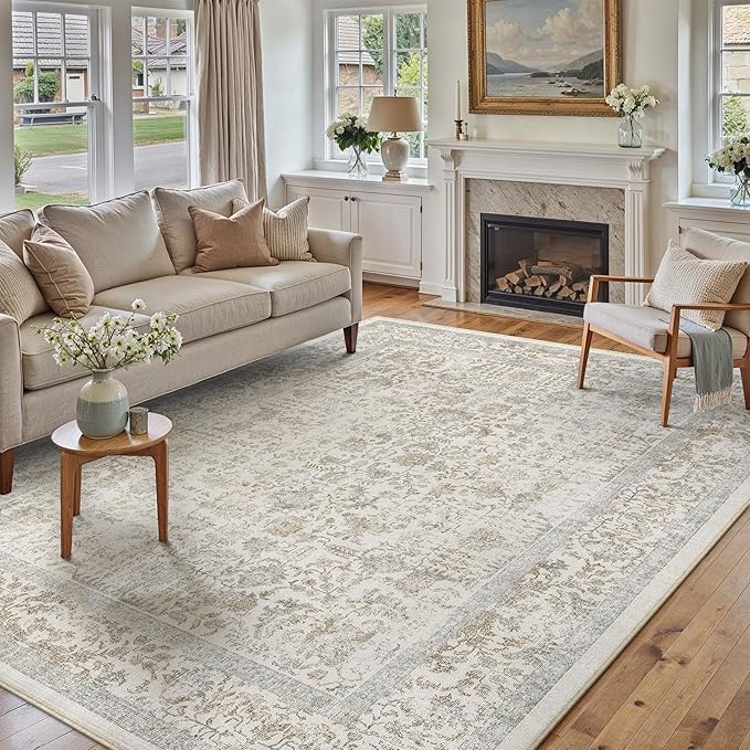 Taupe Area Rug 5x7 Machine Washable Vintage Living Room Distressed Non Slip Carpet Traditional Indoor Bedroom Retro Floral Accent Throw Large Rug for Office Kitchen Bathroom Dining Room