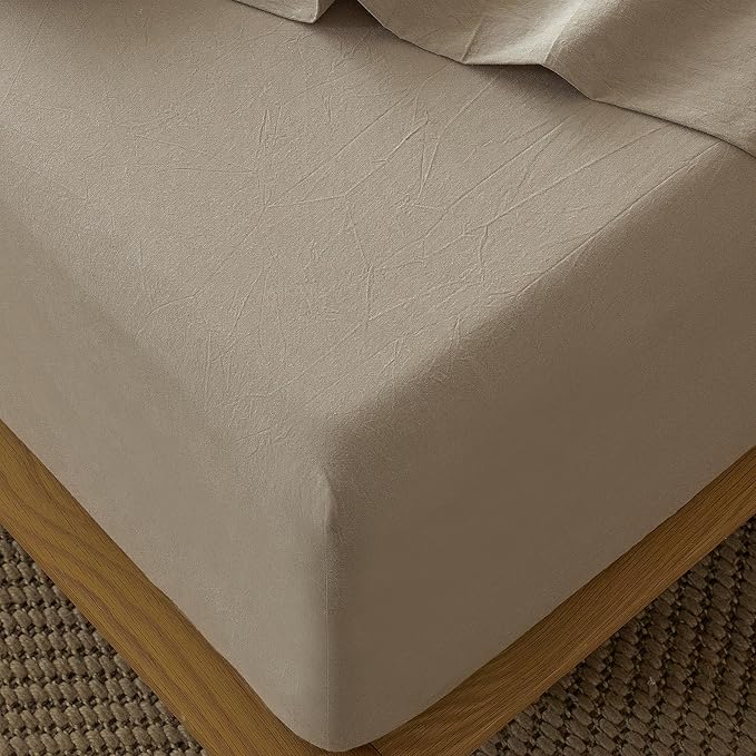MooMee Fitted Bottom Sheet Only 100% Washed Cotton Linen Like Textured Breathable Durable Soft Comfy Deep Pocket Fits Mattress up to 17" (Mocha Brown, Twin)