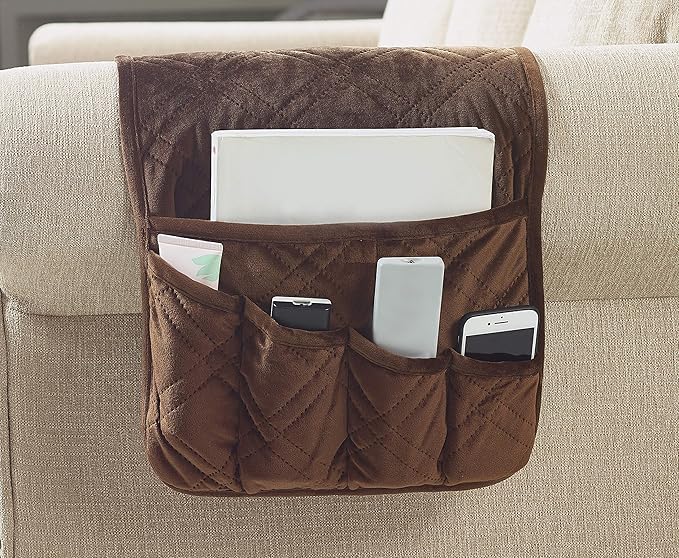 Brilliant Sunshine Chocolate Velvet Couch Armrest 5 Pockets Organizer, Slip Resistant Recliner Armchair Caddy, Washable Remote Controls Holder, Storage for Magazine, Tablet, iPad, 35×13", Chocolate