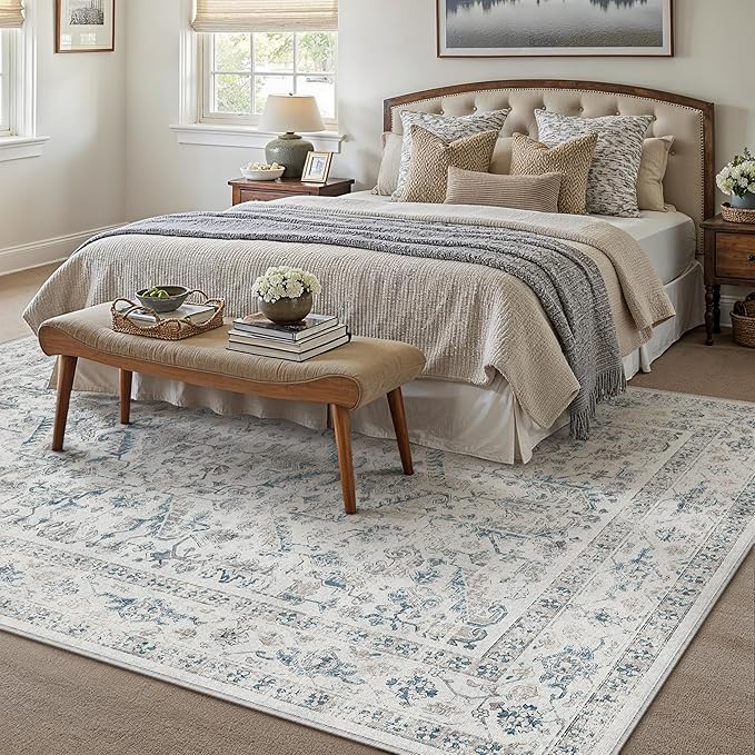 Blue 8x10 Area Rug Vintage Washable Living Room Carpet Non Slip Bedroom Indoor Office Low Pile Large Traditional Distressed Retro Accent Rug for Dining Room Bathroom Kitchen