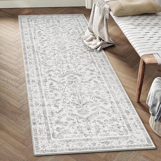 Grey 2x5 Runner Rug Vintage Area Carpet Hallway Indoor Kitchen Washable Low Pile Traditional Distressed Retro Accent Throw Rug Non Slip for Laundry Bathroom Office