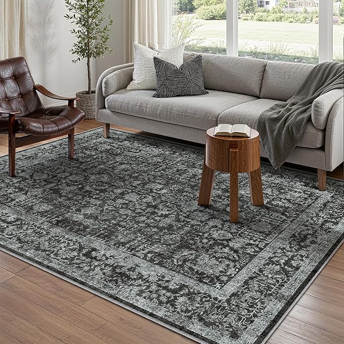 Dark Black Area Rug 5x7 Machine Washable Vintage Living Room Distressed Non Slip Carpet Traditional Indoor Bedroom Retro Floral Accent Throw Large Rug Office Kitchen Bathroom Dining Room