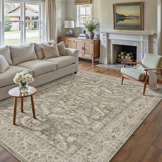 Brown 5x7 Area Rug Vintage Washable Living Room Carpet Non Slip Bedroom Indoor Office Low Pile Traditional Distressed Retro Accent Rug for Dining Room Bathroom Kitchen