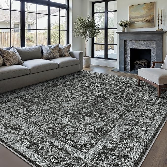 Dark Black Area Rug 8x10 Machine Washable Large Vintage Living Room Distressed Non Slip Carpet Traditional Indoor Bedroom Retro Floral Accent Throw Rug for Office Kitchen Dining Room