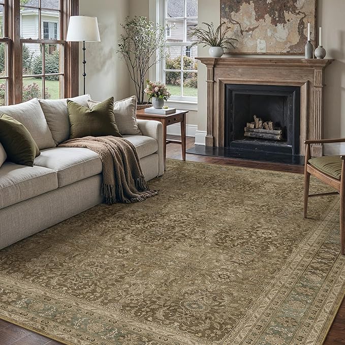 Brown 6x9 Area Rug Washable Vintage Carpet for Living Room Bedroom Large Soft Retro Floral Low Pile Thin Indoor Rug Non Slip Traditional Distressed Floor Cover for Dining Room Office