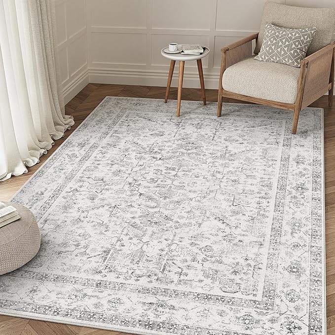 Grey 4x5 Entryway Rug Vintage Area Carpet Indoor Kitchen Washable Neutral Door Mat Entrance Small Low Pile Traditional Distressed Gray Retro Accent Throw Rug Non Slip Office Bathroom