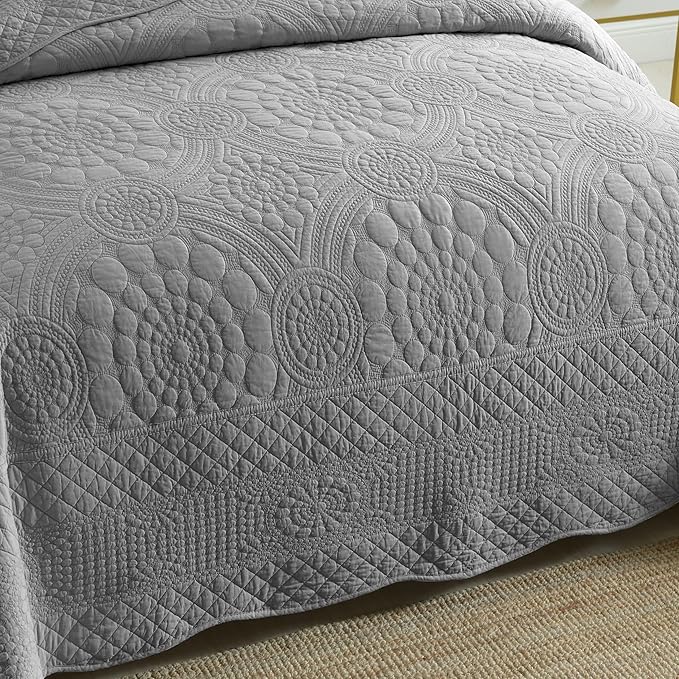 MarCielo 3-Piece 100% Cotton Oversized Bedspread Lightweight Quilt Coverlet Embroidery Farmhouse Bedding Set (Tf Light Grey, Oversized King (118"x106"))