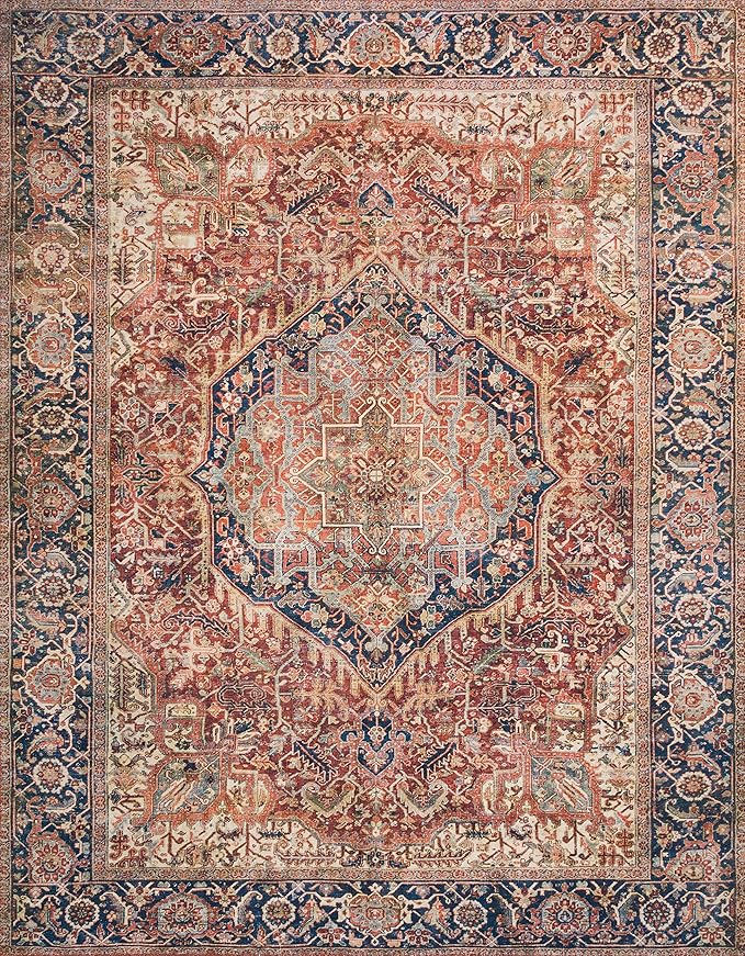 Loloi Layla Collection LAY-08 Red/Navy 2'-3" x 3'-9" .13" Thick Accent Rug, Soft, Durable, Vintage Inspired, Distressed, Low Pile, Non-Shedding, Easy Clean, Printed, Living Room Rug
